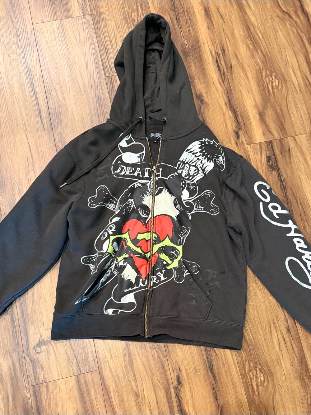 Ed Hardy dark grayZip Hoodie with Red & Lime Heart Skull Graphic